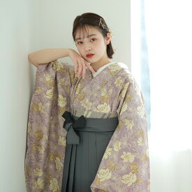 【リサイクル着物セット】2尺袖着物 袴 2点セット ひよこ商店 袴91cm（身長153-158cm） 袴セット 卒業式 大学生 着物 女性 重ね衿縫い付済 中古 USED 販売 着物と袴の2点セット 謝恩会 おしゃれ 花柄 ピンク くすみカラー バラ 椿