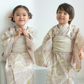 【ひよこ商店 kids 高級変わり織 子供浴衣3点セット 女の子 亜麻色に飛び回る雀】 男の子も着用可能 人気着物ブランドの昭和レトロくすみカラー こども浴衣セット ( ゆかた・帯・下駄 ) レトロ キッズ 国産生地 国内染色（おはじきシールプレゼント中）