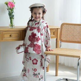 【40％OFF】【ひよこ商店 kids 七五三 着物 3歳 女の子 ベレー帽つき被布フルセット 白百合色に絞り柄×元禄梅模様】 人気着物ブランドの七五三お祝い着セット（被布コート・着物・重ね衿・長襦袢・半衿・巾着・草履・ベレー帽・足袋）レトロ 大正浪漫 3歳女子 子供 キッズ