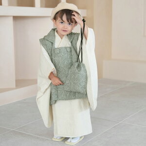 七五三 3歳 着物 セット 男の子 utatane 88cm-105cm前後 被布セット 七五三 ペイズリー 着物セット 販売 緑系 子供 kids くすみグリーン オフホワイト 三つ身 お祝い着 三歳 三才 男の子 男児 ジャガ