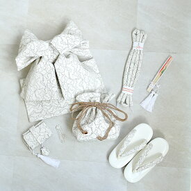 【50％OFF】【ひよこ商店 七五三 7歳 結び帯 筥迫(はこせこ) 7点セット レース ホワイト】 7才 女の子 四つ身用 振袖 小物 作り帯 ハコセコ 箱せこ びら簪 帯締め 丸絎け 扇子 巾着バッグ 草履