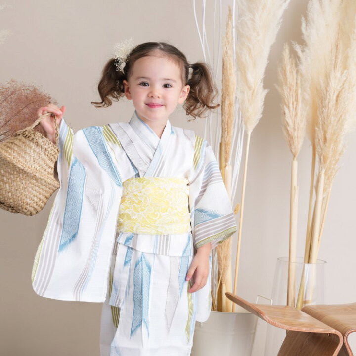 楽天市場 浴衣 子供 女の子 セット 4点 浴衣 帯2本 下駄 ひよこ商店 100cm 110cm 1cm 130cm 浴衣 セット 高級変わり織り 子供 浴衣 矢絣 セット 子供 きなり系 子供 Kids 水色 ブルー ストライプ ひよこ商店