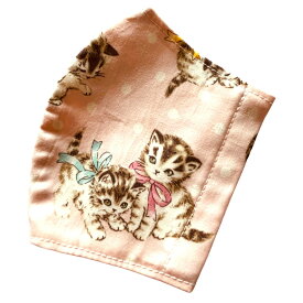 布マスク 子供用 マスク キッズ（小学校低学年まで）レトロプリント　薄ピンク　　猫　ネコ　CATMASK　ねこ 　　優しい柄のネコマスク　日本製 プリント生地 綿100％　裏地は白さらし