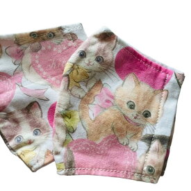 布マスク 子供用 マスク キッズ（小学校低学年まで）ピンク　ハート　ラブリー猫ちゃん　猫　ネコ　CATMASK　ねこ 　日本製 プリント生地 綿100％　裏地は白さらし