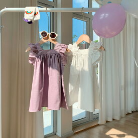 ワンピース フリル スリーブ ノースリーブ 子供服 女の子 キッズドレス ベビー服 ベビードレス 結婚式 プリンセス 夏 90cm 100cm 110cm 120cm 130cm 140cm ホワイト パープル