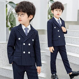 ストライプスーツ 男の子 子供 キッズ フォーマルスーツ ダブルボタン 4点セット フォーマルスーツ ジャケット+ズボン＋ベスト＋ネクタイ 5点セット 男の子スーツ 小学生 入学式 子供服 演出 卒業式 面接 ジュニア 紳士服 七五三 入園式　韓国ファション