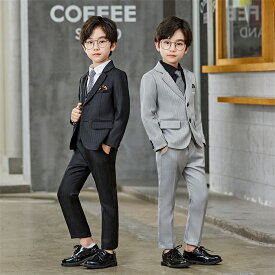 ストライプスーツ 男の子 子供 キッズフォーマルスーツ かっこいい　韓国ファション 4点セット　フォーマルスーツ ジャケット+ベスト+ズボン＋ネクタイ 5点セット 男の子スーツ 小学生 入学式 子供服 演出 卒業式 面接 ジュニア 紳士服 七五三 入園式　韓国ファション