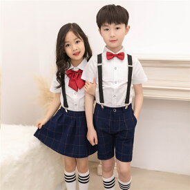 お得な5点セット キッズスーツ 男の子 女の子 半袖スーツ シャツ サスペンダー 蝶ネクタイ スカート フォマールスーツ 学生服 発表会 合唱 ダンス衣装 舞台ステージ演出服