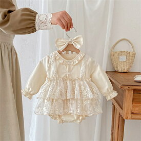 ベビードレス 女の子 レースロンパース 子供ドレス キッズドレス セレモニードレス 長袖 春秋 ワンピース ロンパース ヘアバンド付き ベビー服 お誕生日 新生児66cm 73cm 80cm 90cm