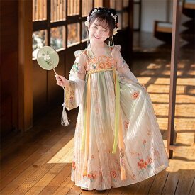 唐装漢服 チャイナドレス 女の子 子供 ワンピース チャイナ服 キッズ ドレス 中華服 かわいい 漢服 お姫様 仮装 ハロウィン コスプレ衣装 振袖 ロング丈 中華舞台衣裳 110 120 130 140 150 160 舞台ステージ衣装 写真撮影
