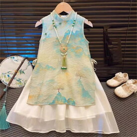 子供 ワンピース チャイナドレス 重ね着風 ノースリーブ 夏 チャイナ風 女の子 キッズドレス 子供服 ワンピース プリント柄 子供ドレス ハロウィン コスプレ衣装 コスチューム 仮装 旅行 通園 花見 夏祭り 盆踊り 花火大会 夏用 中国風 通学 可愛い 誕生日 写真撮影