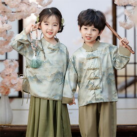 チャイナ服 キッズ 男の子 女の子 セットアップ チャイナドレス トップス+パンツ 唐装漢服 子供服 花柄 刺繍柄 古典 舞台衣装 ステージ衣装 団体服 中華服 チャイナ服 中華風 チャイナ風 華流衣装 イベント ハロウィン仮装 コスチューム 写真撮影 長袖 2点セット