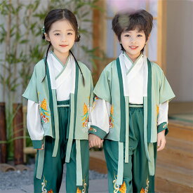 チャイナ服 キッズ 男の子 女の子 セットアップ チャイナドレス トップス+パンツ 唐装漢服 子供服 花柄 刺繍柄 古典 舞台衣装 ステージ衣装 団体服 中華服 チャイナ服 中華風 チャイナ風 華流衣装 イベント ハロウィン仮装 コスチューム 写真撮影 長袖 2点セット