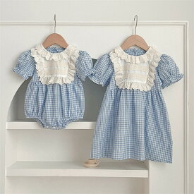 ベビー服 セレモニードレス 女の子 赤ちゃん ベビードレス 夏 ロンパース ワンピース キッズドレス 子供ドレス チェック柄 半袖 姉妹 双子 子供服 新生児 出産祝い ギフト ハーフバースデー 結婚式 写真撮影 お宮参り 姉妹お揃い 可愛い 66 73 80 90 100 110 120 130