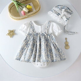 ベビードレス 女の子 赤ちゃん 半袖 ワンピース ロンパース 2点セット 帽子付き キッズドレス 子供ドレス レースドレス 花柄 可愛い 春夏 秋 重ね着風 洋服 結婚式 誕生日 出産祝い 写真撮影 普段着 お出かけ 退院着 新生児 出産祝い 結婚式 写真撮影 お宮参り 66 73 80 90