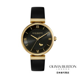 オリビアバートン 日本総代理店 腕時計 レディース ブランド ラウンド Olivia Burton シグネチャー 36mm ミニマ ビー T バー ゴールド & ブラック レザー ストラップ ウォッチ