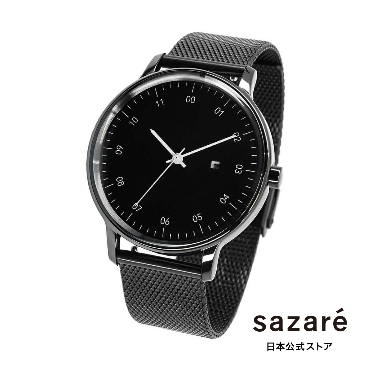 sazare さざれ 公式ストア 腕時計 メンズ ブランド レディース ウォッチ SK01 / SS ブラック ミラー フィニッシュ / ブラックダイヤル / ブラックメッシュ：H°M’S” WatchStore