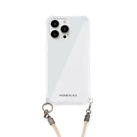 【PHONECKLACE（フォンネックレス）】ロープショルダーストラップ付きクリアケース for iPhone 15 Pro ベージュ 背面カバー型 スマホケース [▲][R]