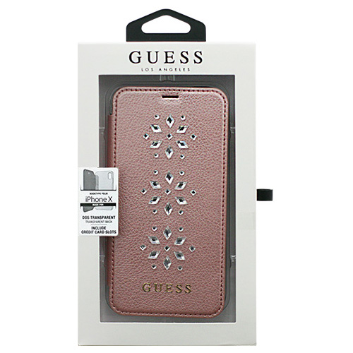 GUESS iPhoneX専用 スタッズ付き 手帳型ケース STUDS AND SPARKLES - PU LEATHER BBOKTYPE CASE WITH SNOW FLAKES - PINK iPhone X GUFLBKPXSTUPI iPhone iPhoneXケース[▲][AS]