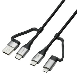 yELECOM(GR)zGR 4in1 [dP[u ( USB Type C + USB A to USB Type C + microUSB ) PD 60WΉ P[u 1m iPad Macbook Chromebook Android [d ubN [][EL]