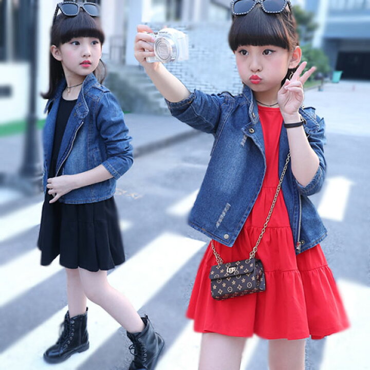 楽天市場 韓国子供服 女の子 春服 セットアップ ワンピース デニムジャケット 2点セット 春 秋 キッズ ワンピースセット 可愛い お出かけ結婚式 パーティー レッド ブラック 110 1 130 140 150 160cm Hohoemimarket