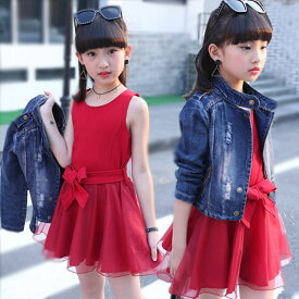 韓国子供服 女の子 春服 セットアップ ワンピース+デニムジャケット 2点セット リボン 蝶結び ワンピースセット キッズ 結婚式 パーティー 普段着 通園 通学 春 夏 秋 110 120 130 140 150 160cm