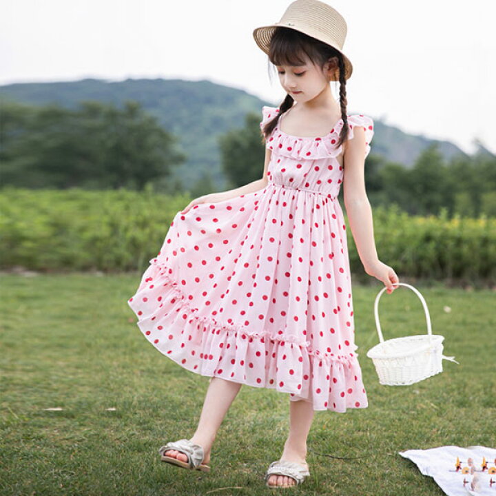 楽天市場 韓国子供服 女の子 ワンピース シフォン ドット柄 ピンク キッズ 子ども服 夏ワンピ ロング丈 水玉柄 スウィート ガールズ 記念日 イベント 撮影写真 姉妹 ワンピー 夏着 オシャレ 誕生日 プレゼント 子供 ワンピ 通園 通学 110 1 130 140 150 160