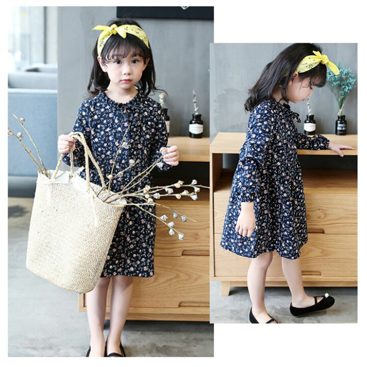 楽天市場 韓国子供服 ワンピース キッズ 女の子 花柄ワンピ 長袖ワンピ 可愛い 綿 コーデ ガールズ 子供ワンピ 女児用 膝丈上 オシャレ ネイビー ワンピース 通園 通学 春着 秋着 110cm 1cm 130cm 140cm 150cm 160cm Hohoemimarket