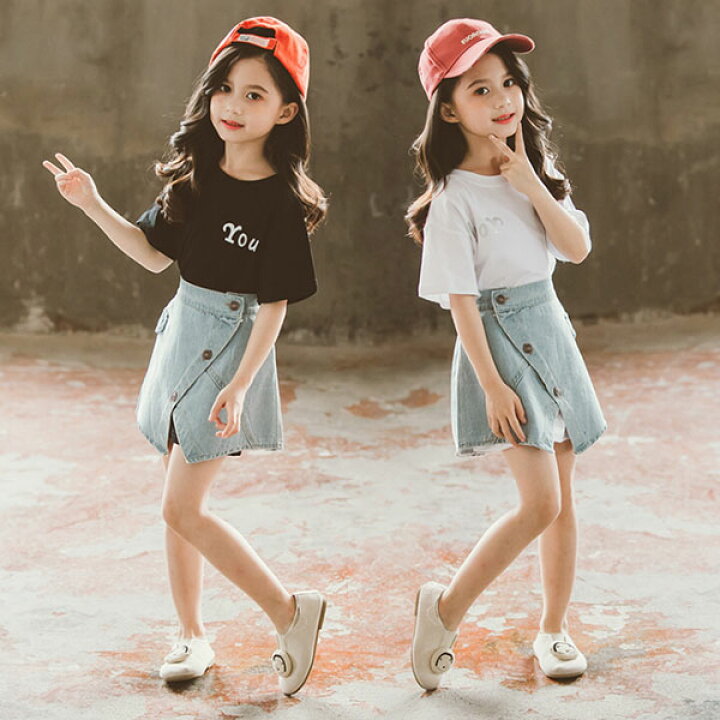 楽天市場 韓国子供服 セットアップ 女の子 夏服 ２点セット オシャレ 可愛い Tシャツ デニムスカート 子供 上下セット カジュアルセット お出かけ 普段着 小学生 通学着 レジャー デイリー ブラック ホワイト 110cm 1cm 130cm 140cm 150cm 160cm Hohoemimarket