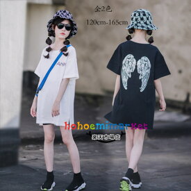 韓国子供服 女の子 Tシャツ ファッション Tシャツワンピース 半袖 キッズ ミドル丈Tシャツ 個性プリント トップス Tシャツ ブラック ホワイト 丸首 ミドル丈 姉妹 双子 運動着 ジュニア服 普段着 通学着 Tシャツワンピース 夏服 夏着 120cm 130cm 140cm 150cm 160cm 165cm