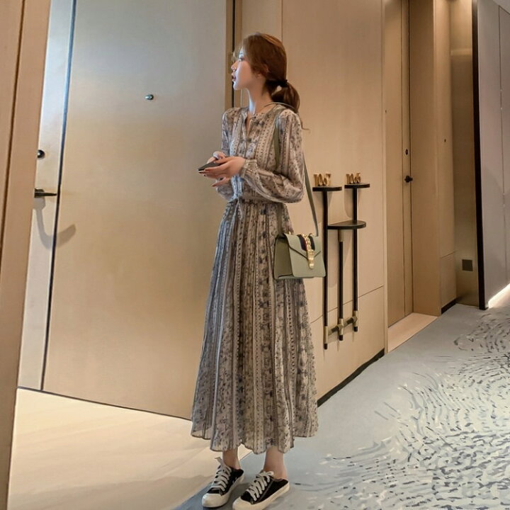 楽天市場 ワンピース シフォンワンピース レディース 春秋 オシャレ マキシワンピース Vネック 長袖 プリント パーティー 二次会 発表会 ゆったり きれいめ Hohoemimarket