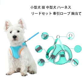 小型犬 猫 中型犬 ハーネス リードセット 牽引ロープ 胸当て 胴輪 ドッグウエア 反射光ストリップ付き メッシュ おしゃれ 調節可能 お散歩 着脱簡単