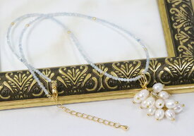 淡水真珠　ナチュラル　ジャラペン　ペンダントトップ　アクアマリン　ネックレス付　約40cm（金具込）＋5cmアジャスター　真鍮　カニ爪　アジャスター