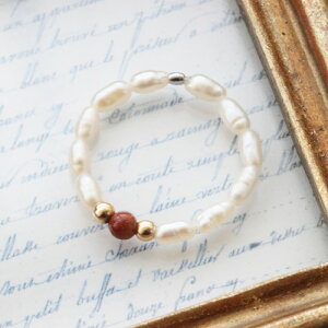 【特別奉仕品】 淡水真珠 ナチュラル ライス 茶金石 ゴールドストーン 真鍮パーツ ワイヤーリング 約6〜8号