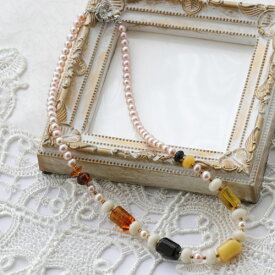 淡水真珠　ポテト　ナチュラル　琥珀　海竹サンゴ　ソロバン　ネックレス　約44cm(金具込)　シルバー金具