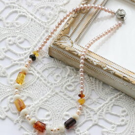 淡水真珠　ポテト　ナチュラル　琥珀　海竹サンゴ　ソロバン　ネックレス　約44cm(金具込)　シルバー金具