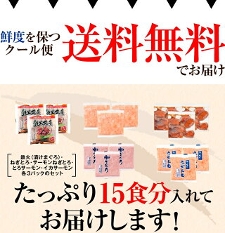 海鮮丼詰合せ(マグロ漬け3p・ネギトロ3P+サーモンネギトロ3p+トロサーモン3p+イカサーモン3P)計15食/送料無料/マグロ丼/セール/冷凍A/