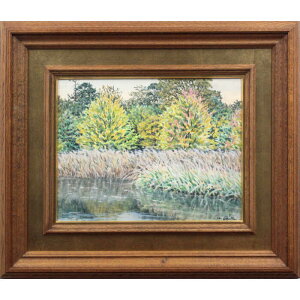 絵画 佐藤進 水彩画 『池畔』 木 林 植物 池 自然 風景 優しい 一点物 美術品 アート さとうすすむ