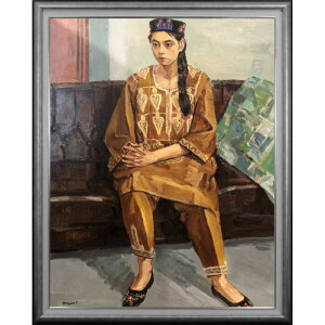 大きいサイズ 大きい絵 著名画家の一点物 絵画 豊田満 油絵・油彩画 『民族衣装の女』 人物 椅子 明るい 渡世 生き生き 美術品 アート とよたみつる