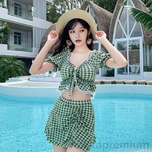 【送料無料】水着 レディース 体型カバー チェックスカート 中学生 高校生 10代 20代 30代 スポーティー 可愛い スイムウェア 韓国ins水着2点セット 少女かわいいレディース 体型カバー ギャザ