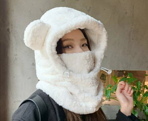 【送料無料】フードウォーマー レディース くま 秋冬 サイクリング 防寒 マスク 厚手 暖かい マフラー 一体型 かわいい もこもこ 黒 カーキ アイボリー