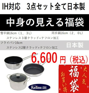 中身の見える日本製福袋 とにかく速く沸く!!テフロン加工 フライパン ステンレス製ミニフライパン・鍋 特別価格 数量限定 フライパン・鍋すべて IH 対応の日本製 両手鍋の満水容量2L