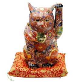 九谷焼 招き猫（左手人お客招き猫）12号赤盛（布団付）