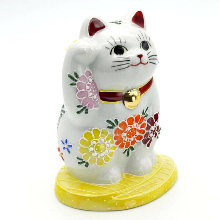楽天市場】九谷焼 招き猫（右手金運招き猫）4号小判乗り花盛 白 : 九谷 