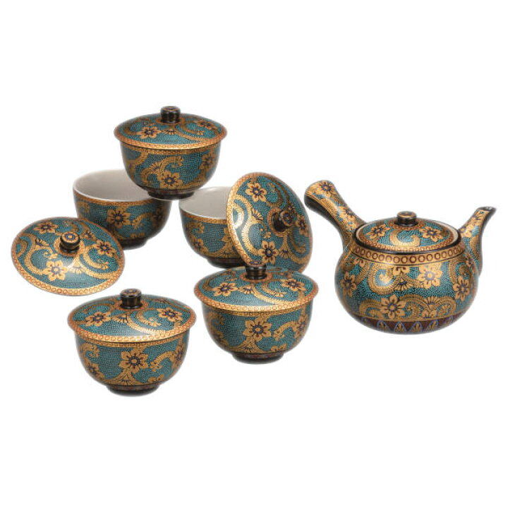 楽天市場】九谷焼 蓋付茶器（急須＆湯呑み5個セット）青粒金唐草K9-849 