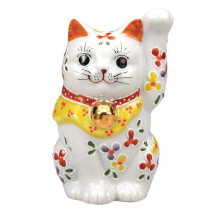 九谷焼 3.3号招き猫(左手人お客招き猫)小花K9-1564