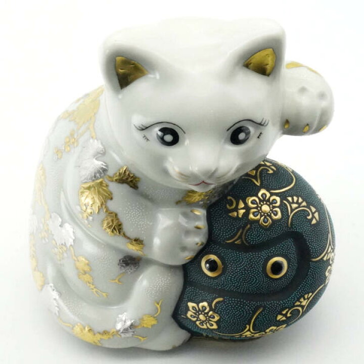 楽天市場】仲田錦玉 九谷焼5号達磨招き猫（左手人お客招き猫）渦打青粒 