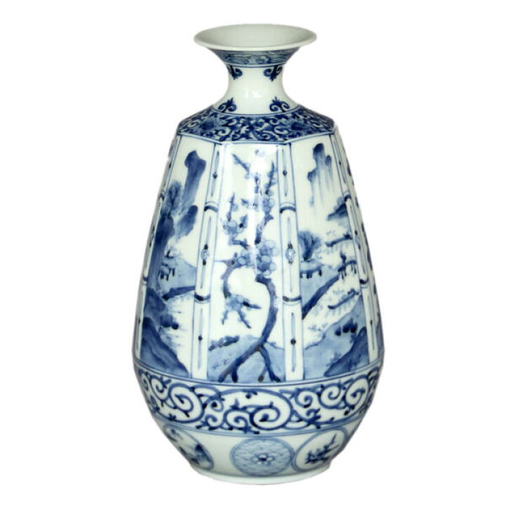 楽天市場】山本長左【宮内庁御用達】九谷焼8号八角花瓶 青華吉祥文[花器] : 九谷陶芸 北山堂 楽天市場店 【新品未使用】九谷焼 8号 花瓶 花器 青草文