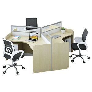 【受注生産商品】オフィスデスク 多人数対応 V字型天板 パーテーション付き メラミン化粧板 アルミ合金フレーム 配線孔 メープルホワイト