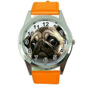 【送料無料】腕時計　パグスチールオレンジレザークォーツアナログウォッチpug dog lover friend steel orange leather quartz analog watch uhr reloj